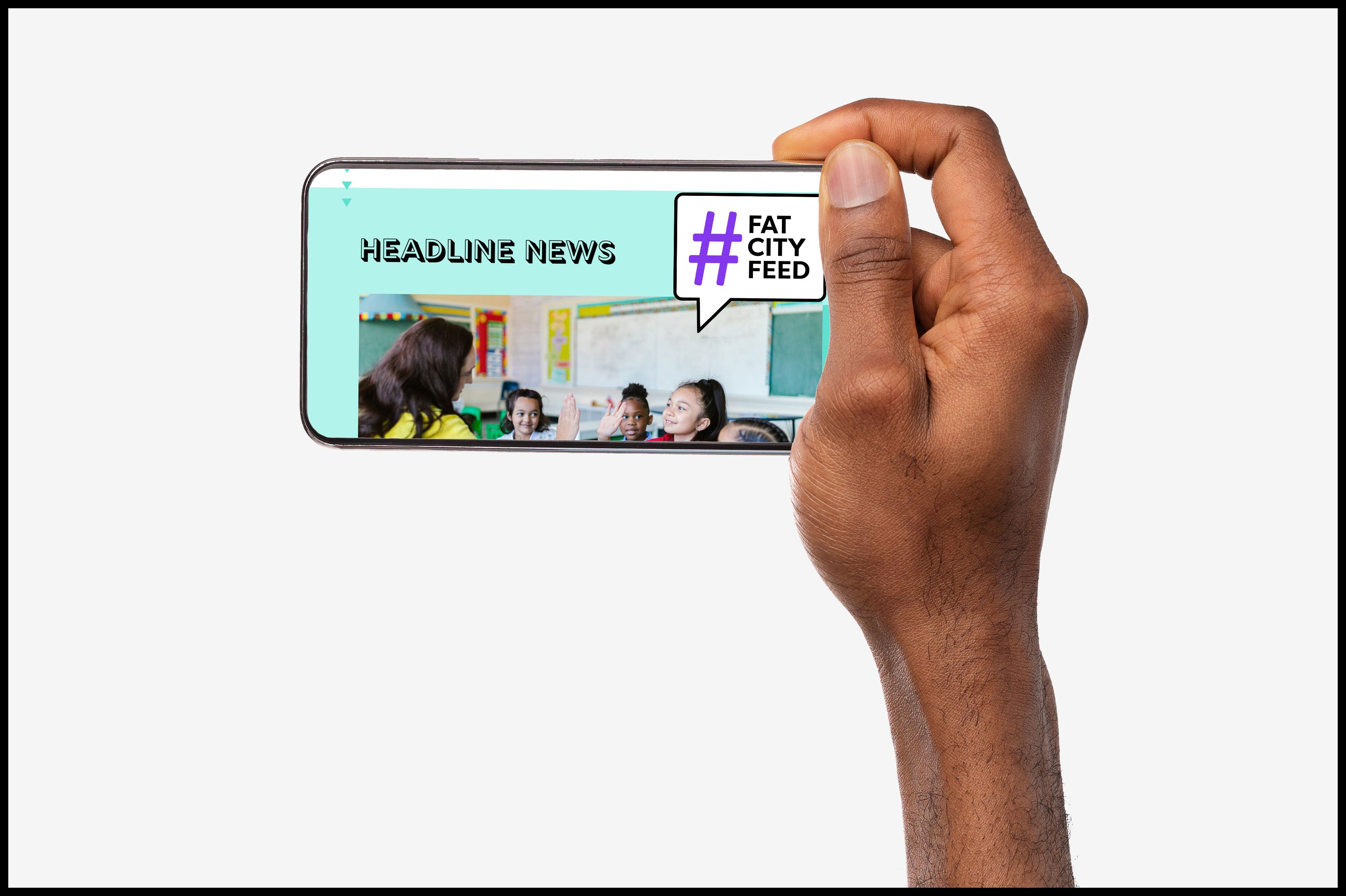 Hand holding smartphone with Fat City Feed website displayed.